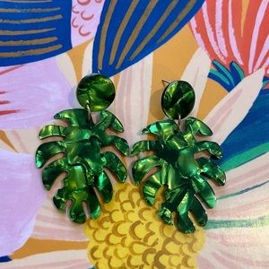 Monstera Leaf Emerald Green Marble Acrylic Earrings